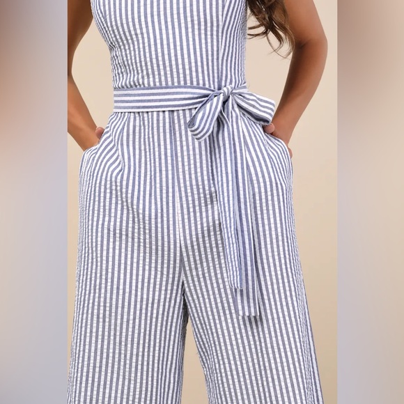 Messina Blue Striped Wide-Leg Jumpsuit by Lulus - Picture 3 of 9